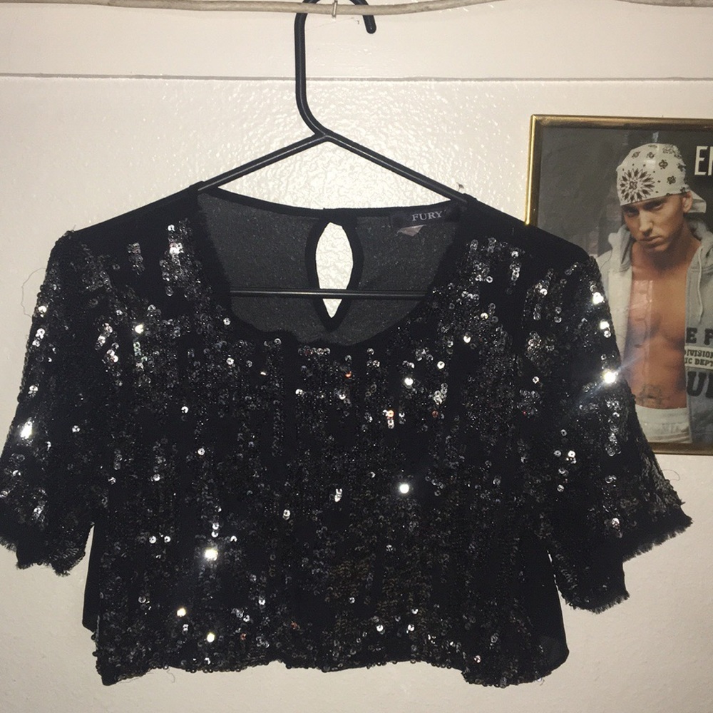 Silver and black sequin crop top